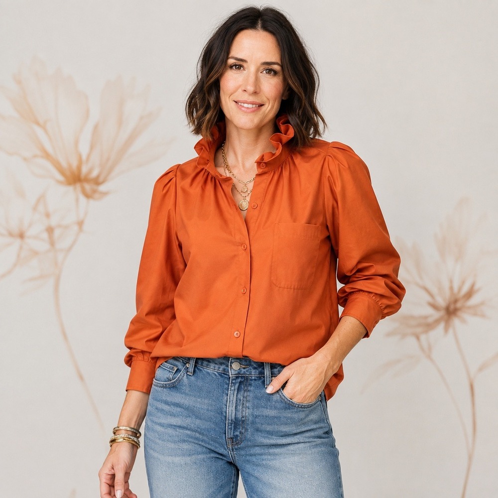 KMJ Ruffle Collar Puff Sleeve Shirt Womens Small Burnt Orange Reworked NWT